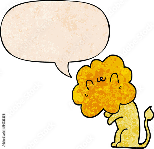 cartoon lion and speech bubble in retro texture style