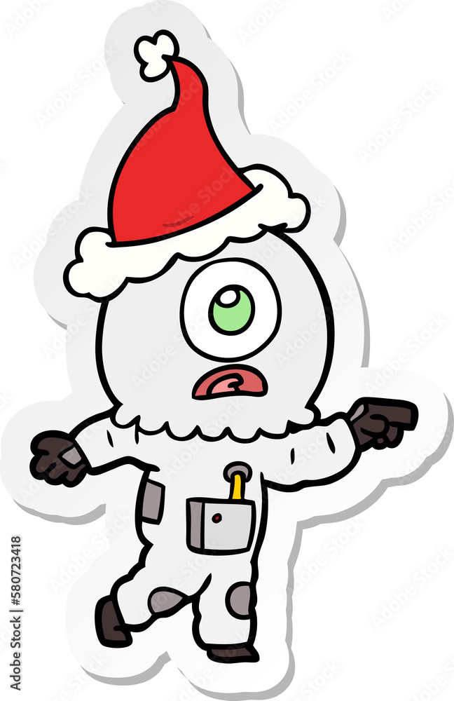 sticker cartoon of a cyclops alien spaceman pointing wearing santa hat sticker cartoon of a cyclops alien spaceman pointing wearing santa hat
