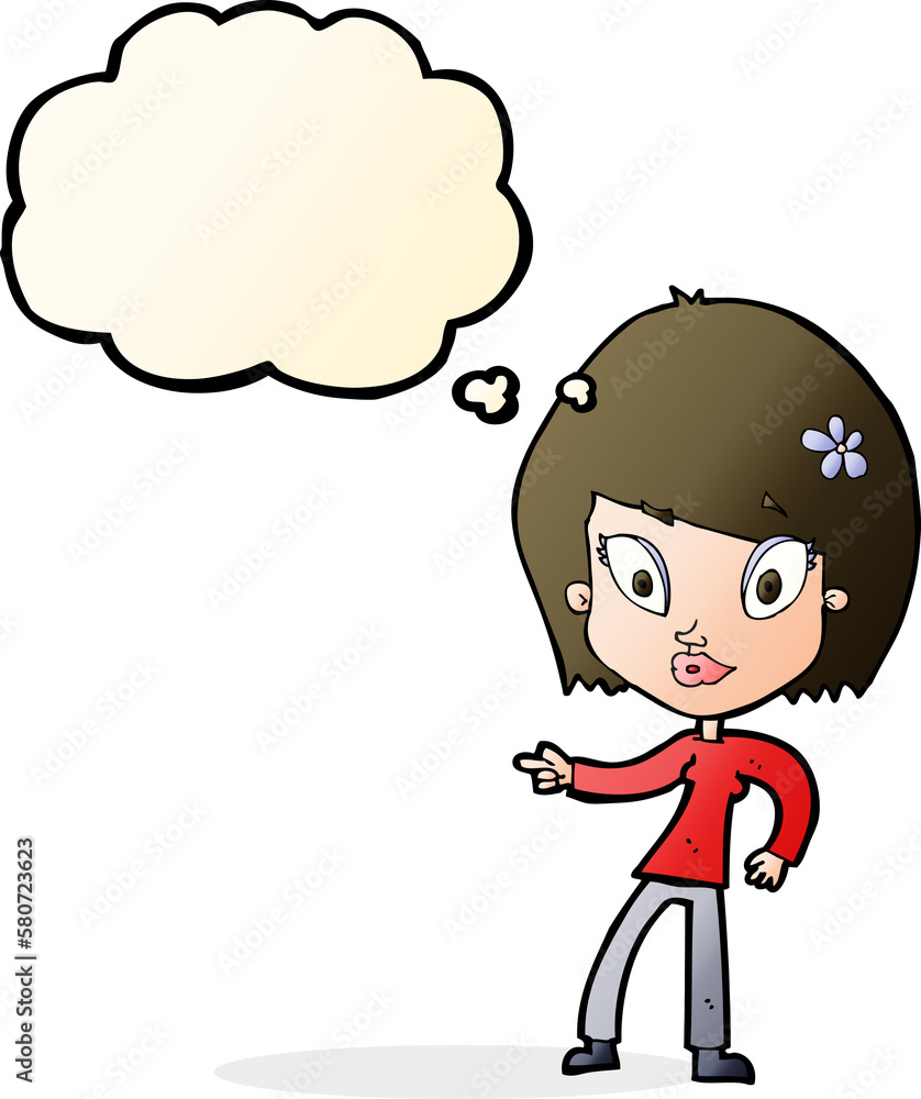 cartoon pretty woman pointing with thought bubble cartoon pretty woman pointing with thought bubble