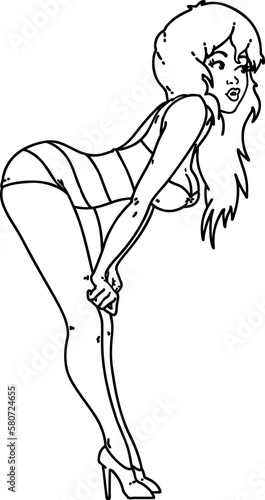 фотографія black line tattoo of a pinup girl in swimming costume
