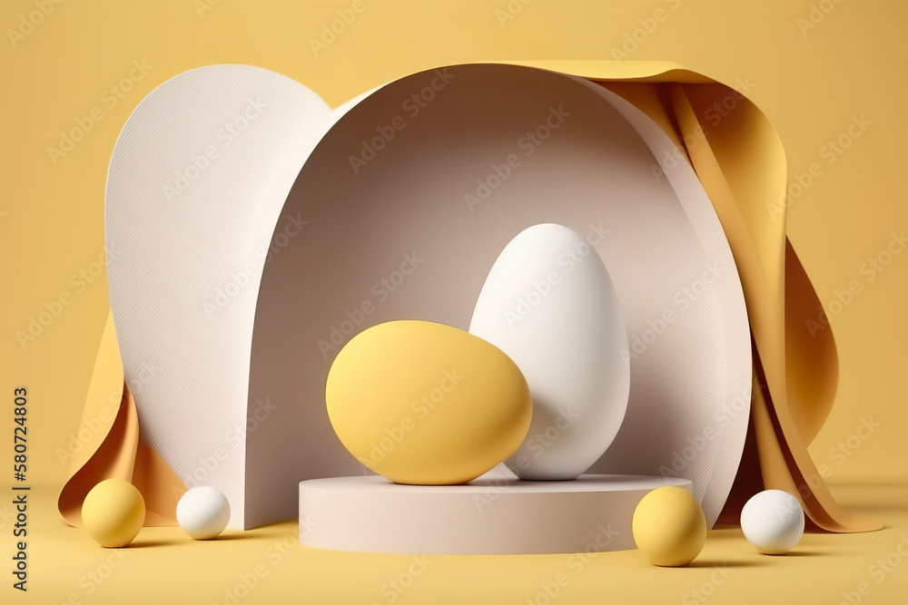 Fototapeta premium Happy Easter greeting card 3d podium platform. Yellow pastel spring color, Easter eggs, product presentation and showcase, promotion with Easter accessories. AI generated illustration.