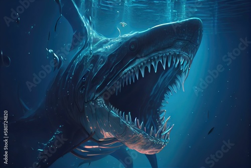 Fierce-looking shark with wide opened mouth underwater. Generative AI.