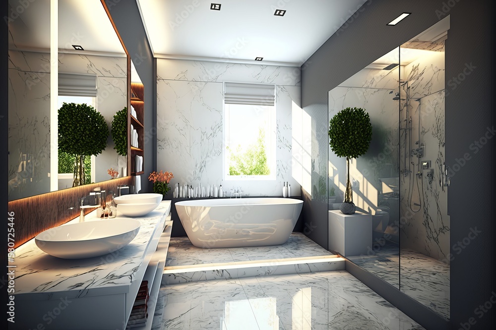 Fototapeta premium Stylish bathroom interior with countertop, shower stall and houseplants. Design idea