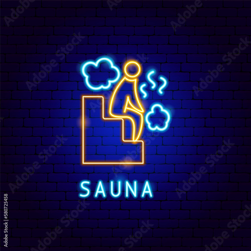 Sauna Neon Label. Vector Illustration of Washing Procedure. Clean and Wash. Glowing Led Lamp Promotion.