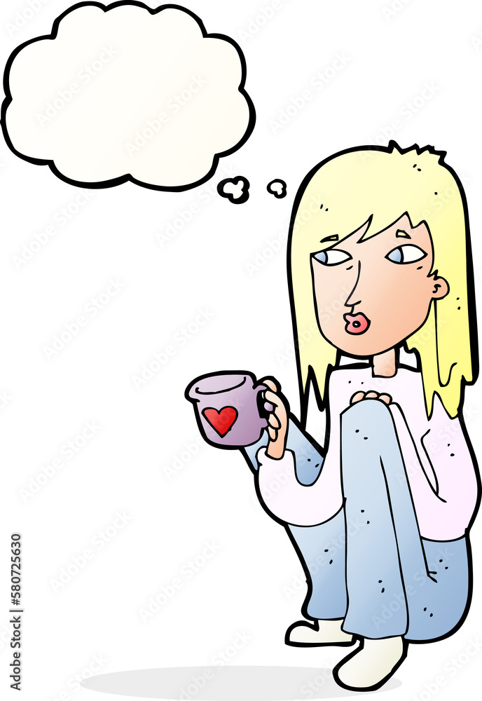 cartoon woman sitting with cup of coffee with thought bubble cartoon woman sitting with cup of coffee with thought bubble