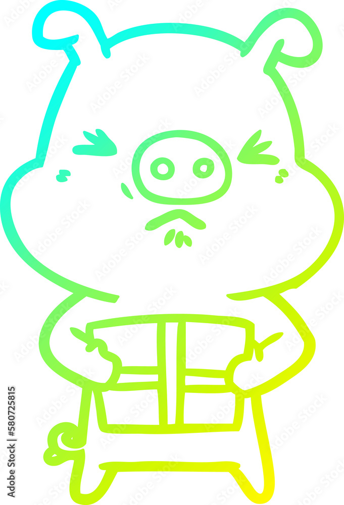 cold gradient line drawing cartoon angry pig with christmas present cold gradient line drawing cartoon angry pig with christmas present