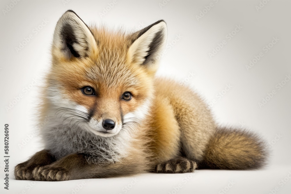 A beautiful fox cub is lying on a white background. Generative AI