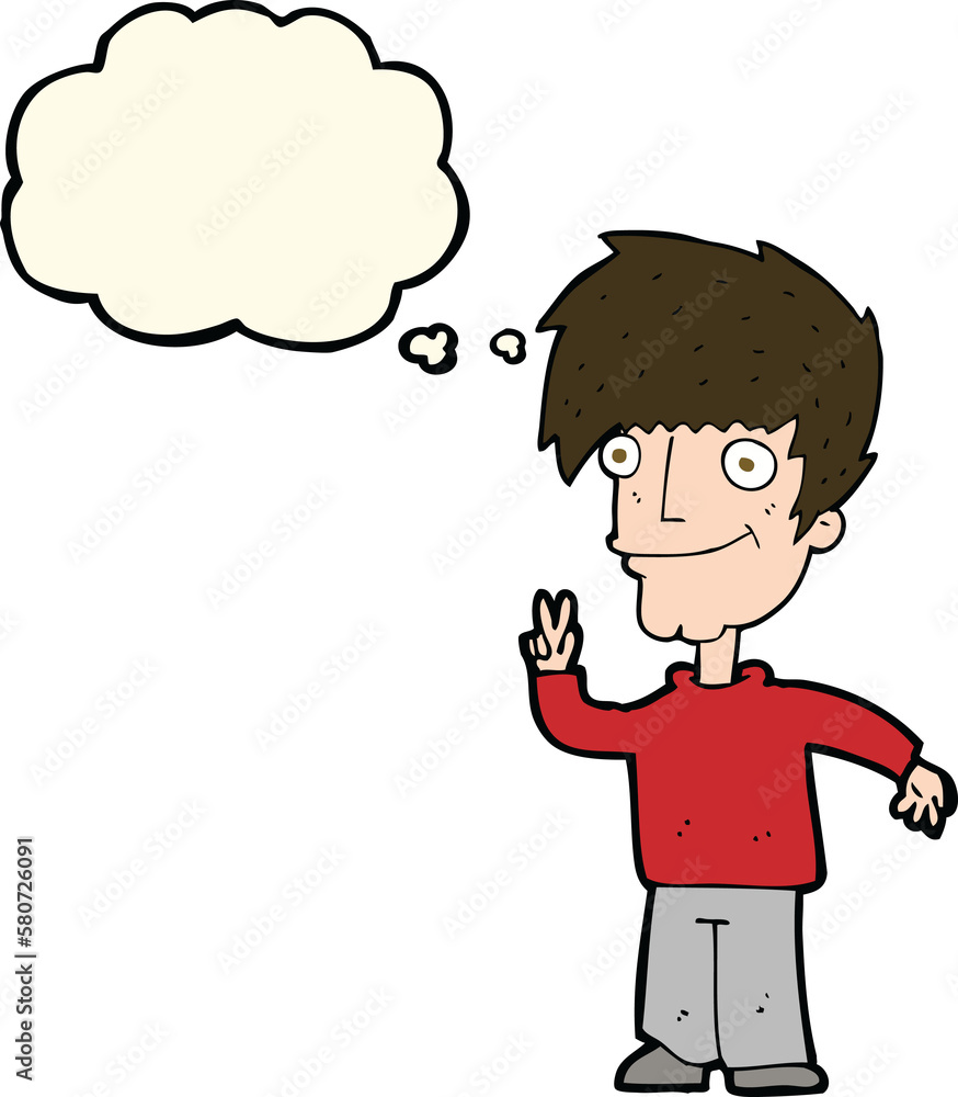 cartoon man giving peace sign with thought bubble cartoon man giving peace sign with thought bubble