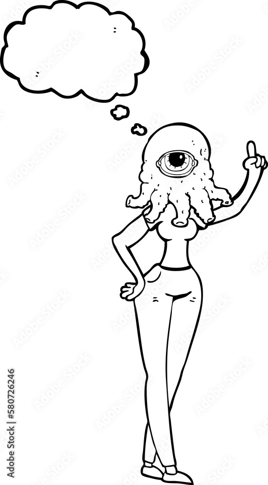 thought bubble cartoon female alien with raised hand thought bubble cartoon female alien with raised hand