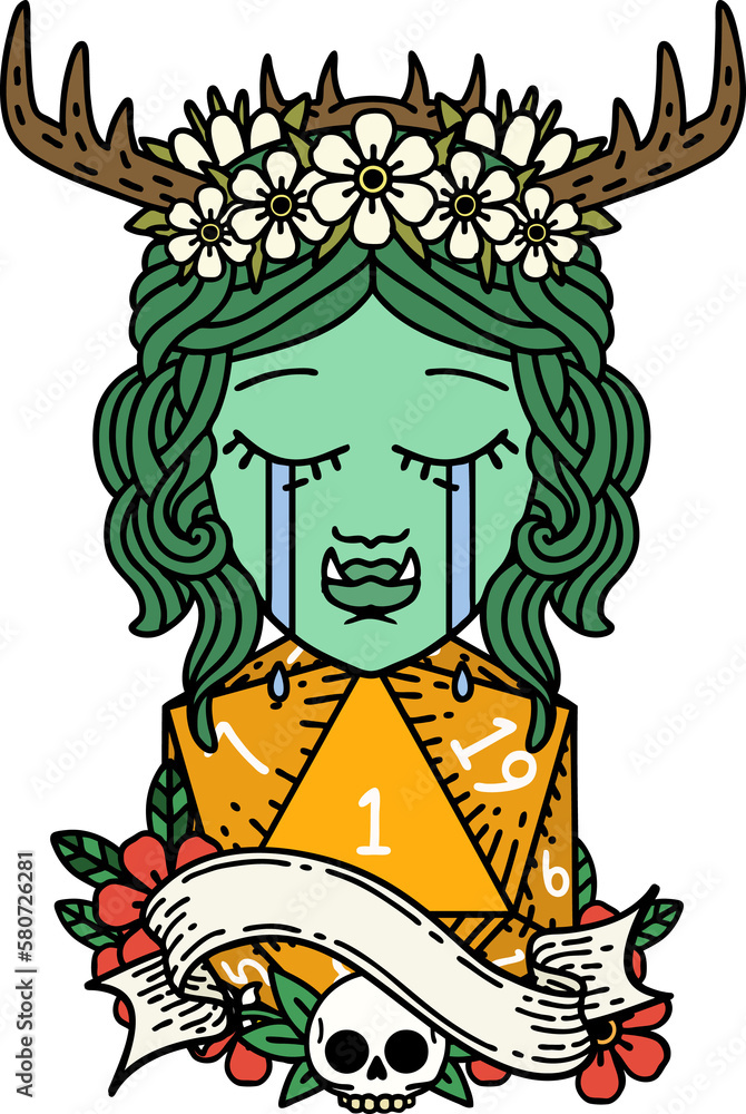 crying orc druid character face with natural one D20 roll illustration crying orc druid character face with natural one D20 roll illustration