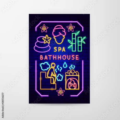 Spa Bathhouse Neon Flyer. Vector Illustration of Washing Procedure. Clean and Wash. Glowing Led Lamp Promotion.