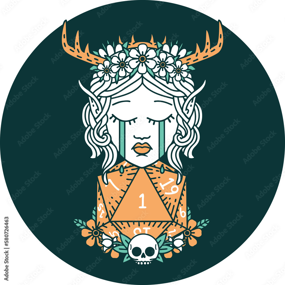 crying elf druid character face with natural one D20 roll icon crying elf druid character face with natural one D20 roll icon