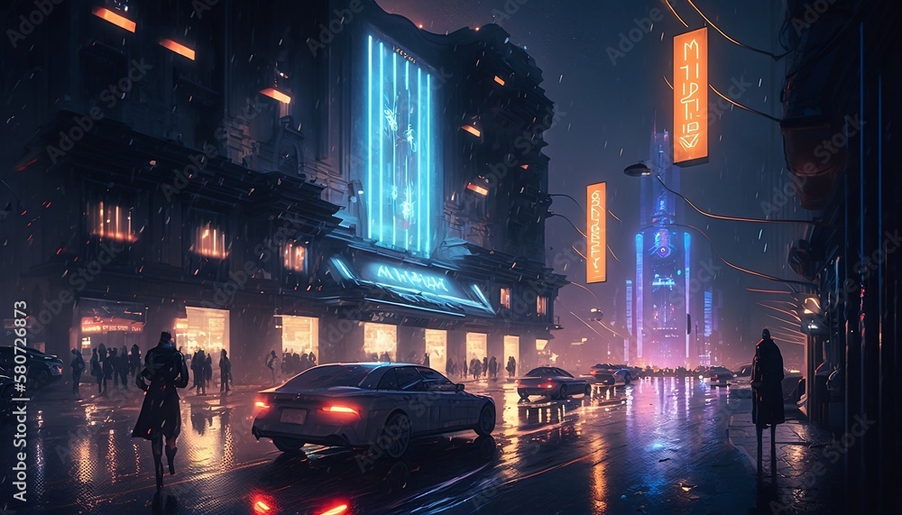 Illustration of a city center place of a futuristic city at night on rain, full of life, by a generative ai