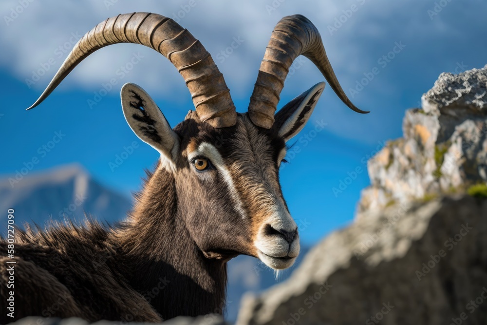 Ibex portrait. Switzerland wildlife. Ibex, Capra ibex, horned alpine animal, close up detail portrait, animal in its natural habitat of stone, Alps. Blue sky and wild animals. Generative AI