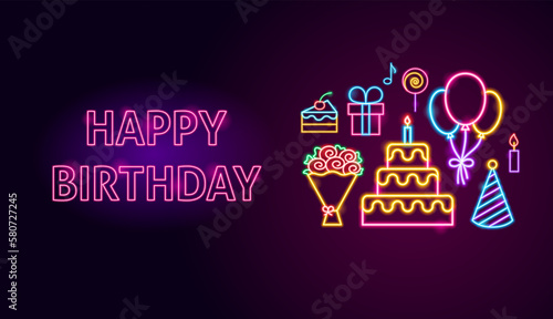 Happy Birthday Neon Banner Poster. Vector Illustration of Holiday Glowing Led Lamp Promotion.