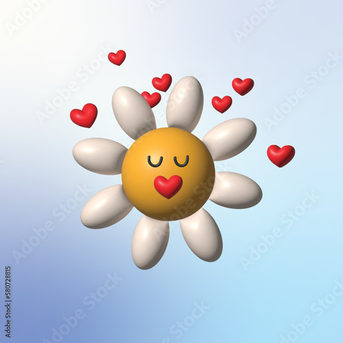 3D pastel flower. Cute smile daisy with hearts in trendy plastic style. Vector illustration with plasticine effect. Valentine's Day concept. 3D render.