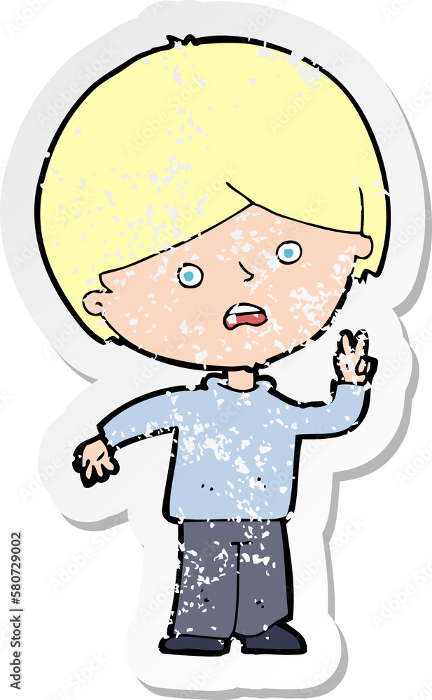retro distressed sticker of a cartoon unhappy boy giving peace sign retro distressed sticker of a cartoon unhappy boy giving peace sign
