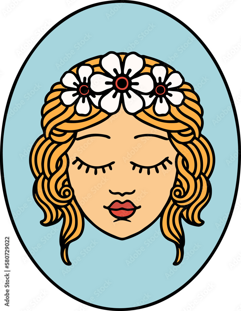 traditional tattoo of a maiden with eyes closed traditional tattoo of a maiden with eyes closed