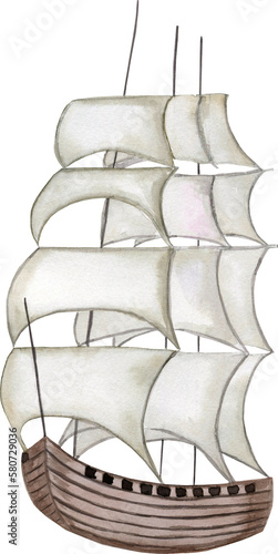 Vintage sailboat watercolor illustration. Hand drawn wooden ship with sails.