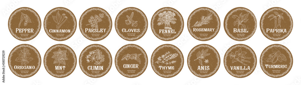 Vector set of spices food labels with herbs sketches: pepper, basil ...