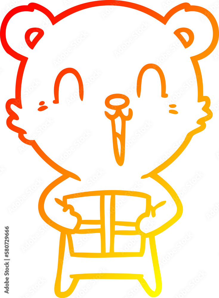 warm gradient line drawing happy cartoon bear with christmas gift warm gradient line drawing happy cartoon bear with christmas gift