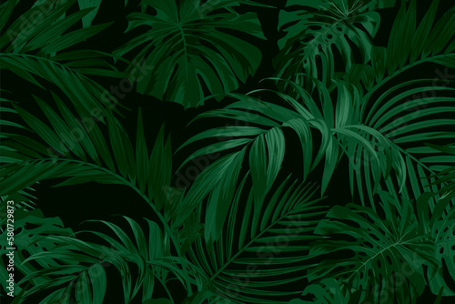 Dark green tropical pattern with palm leaves. Summer vector background or textile illustration.