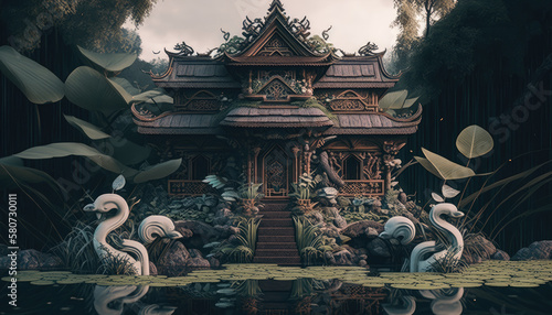 Chinese temple in the nature with a pond