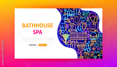 Bathhouse Spa Neon Landing Page. Vector Illustration of Washing Procedure. Clean and Wash. Glowing Led Lamp Promotion. photo