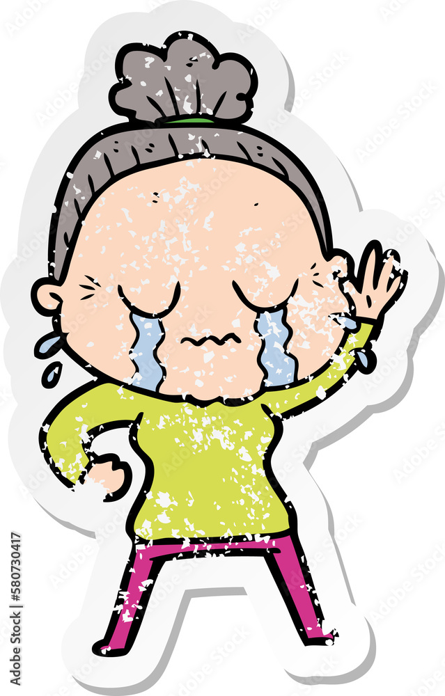 distressed sticker of a cartoon old woman crying and waving