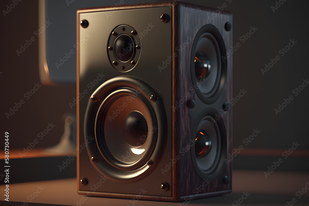 Stereo speaker on a dark background.. Generative AI technology. Stereo speaker on a dark background.. Generative AI technology.