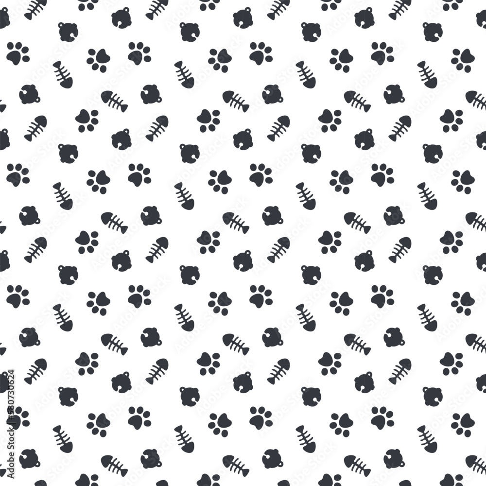 Seamless pattern hand draws cat paws footprint, bell, and fishbone design background for wallpaper, wrapping, paper, and fabric. Vector illustration.