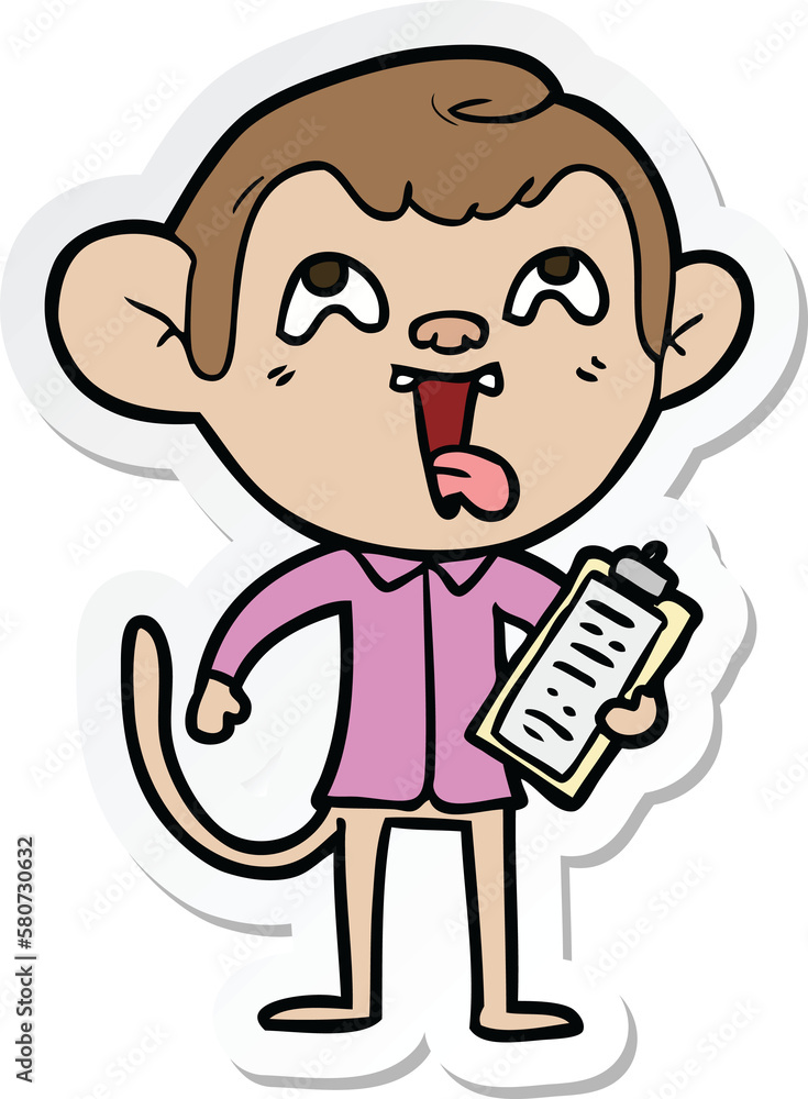 sticker of a crazy cartoon monkey with clipboard sticker of a crazy cartoon monkey with clipboard