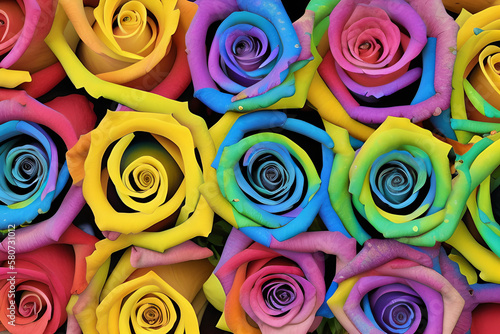 Rainbow Roses Top View created with Generative AI Technology
