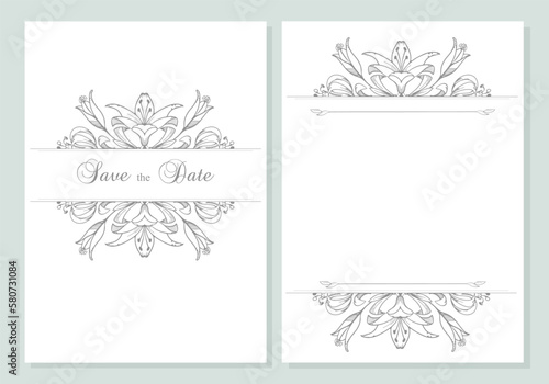 Set of Minimalist wedding invitation and save the date card template design, floral grey line art ink drawing with royal lilies flowers.