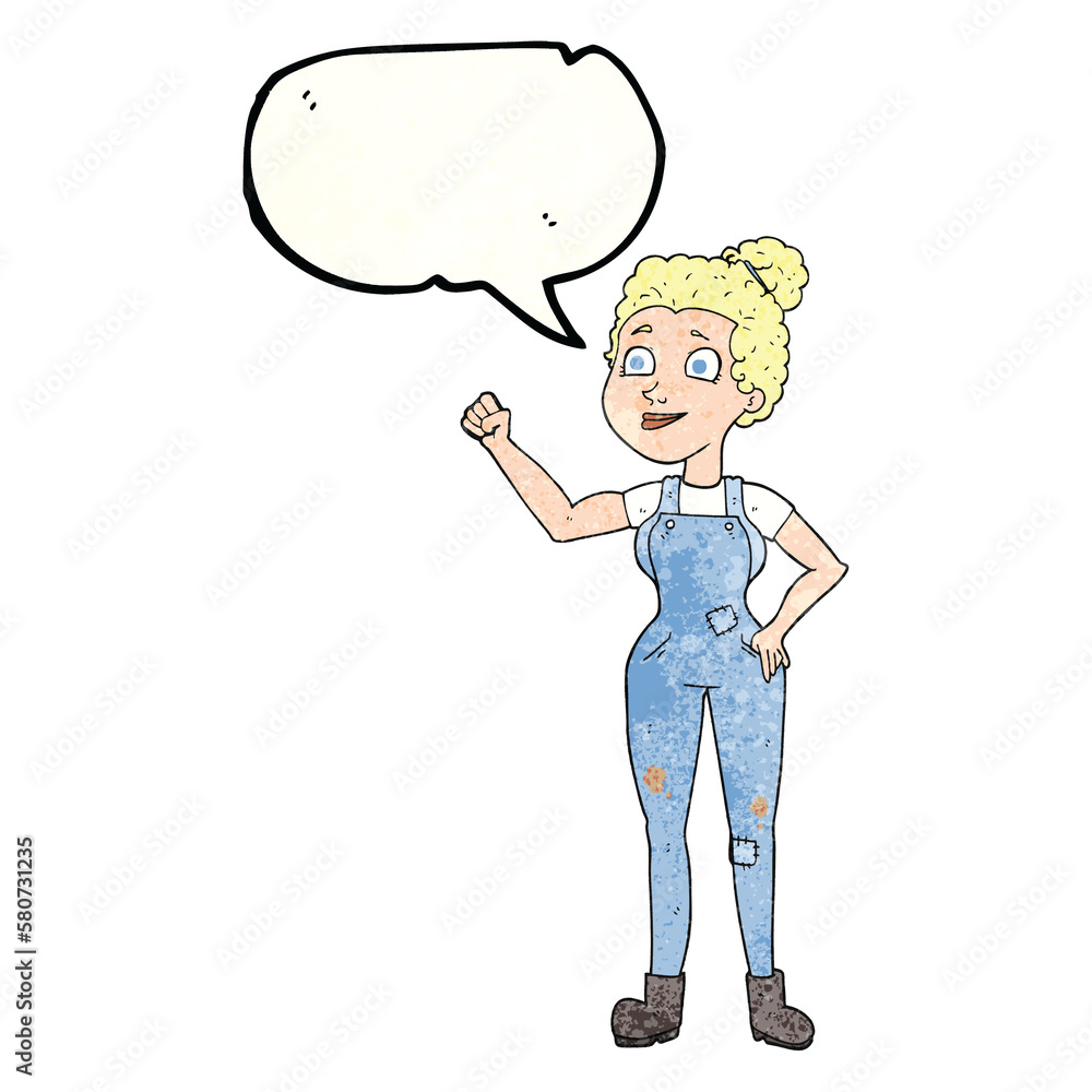 speech bubble textured cartoon woman in dungarees speech bubble textured cartoon woman in dungarees