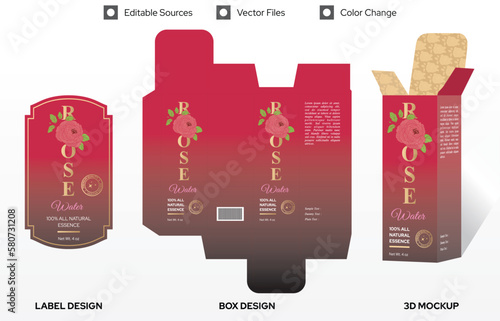 Rose water label design cosmetics with label and box packaging template design. Toner label packaging design and beauty salon products. Natural cosmetic floral water label design hydrosol package