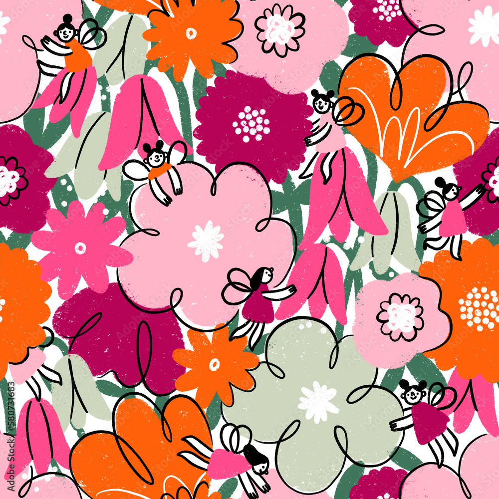 Fairyland floral garden, pink illustration print