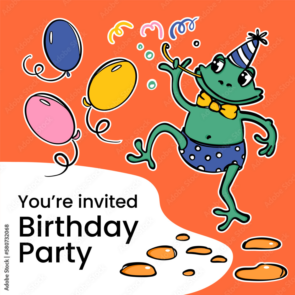 Naklejka premium BIRTHDAY Cheerful Frog With Balloons Blows Into A Straw And Invites Friends To A Birthday Party Cartoon Hand Drawn Contour Sketch And Your Text Square Card