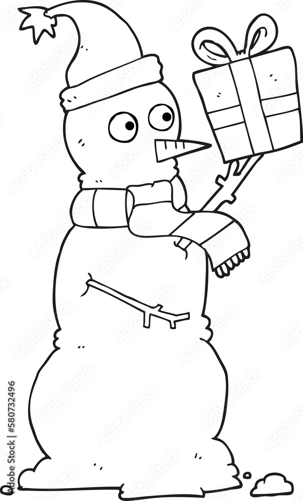 black and white cartoon snowman holding present black and white cartoon snowman holding present