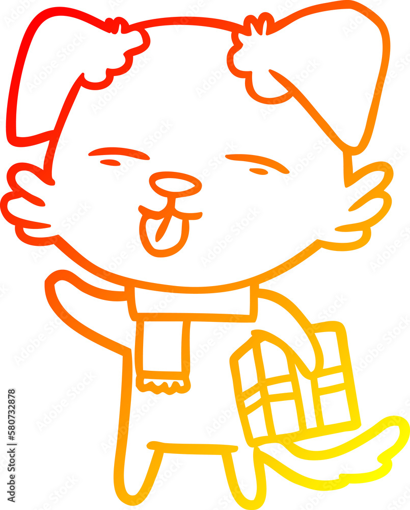 warm gradient line drawing cartoon dog with xmas gift warm gradient line drawing cartoon dog with xmas gift