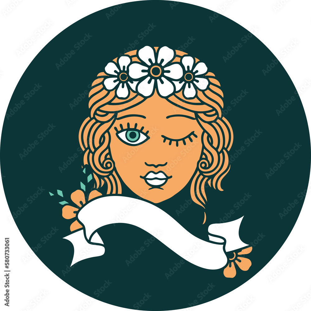icon with banner of a maiden with crown of flowers winking icon with banner of a maiden with crown of flowers winking