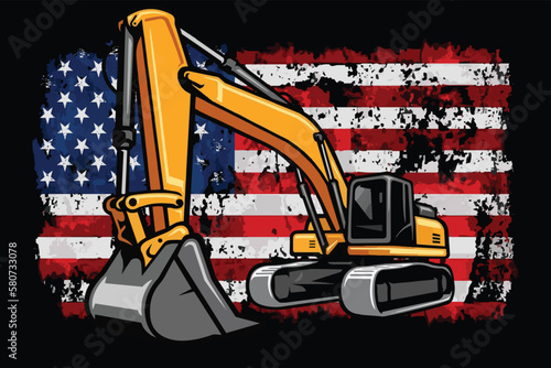 USA Flag Excavator Design Vector