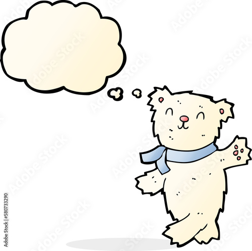 cartoon waving teddy polar bear with thought bubble