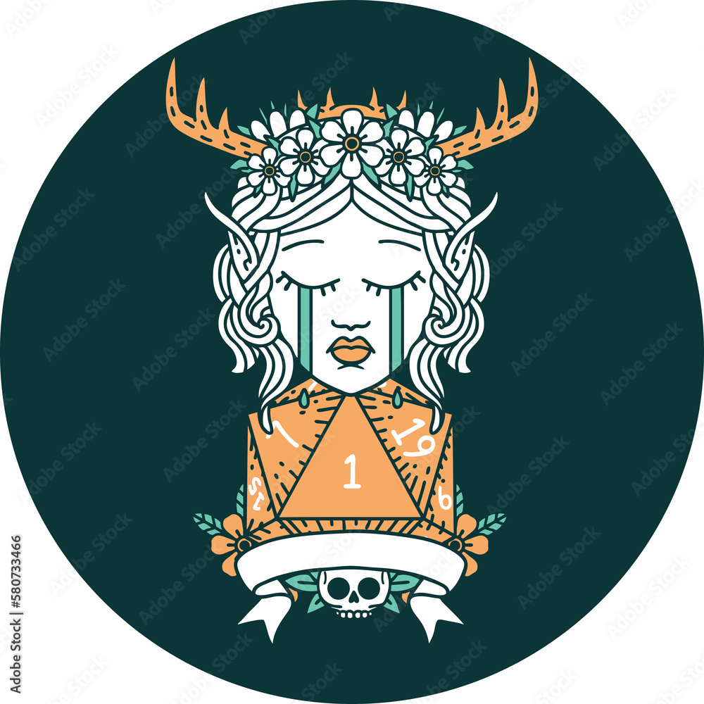 sad elf druid character face with natural one D20 roll icon sad elf druid character face with natural one D20 roll icon