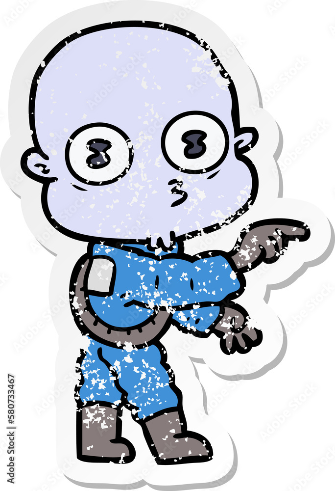 distressed sticker of a cartoon weird bald spaceman pointing