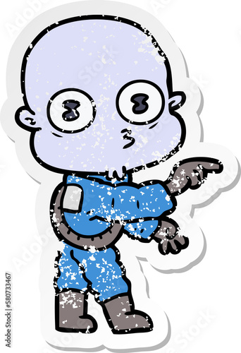 distressed sticker of a cartoon weird bald spaceman pointing