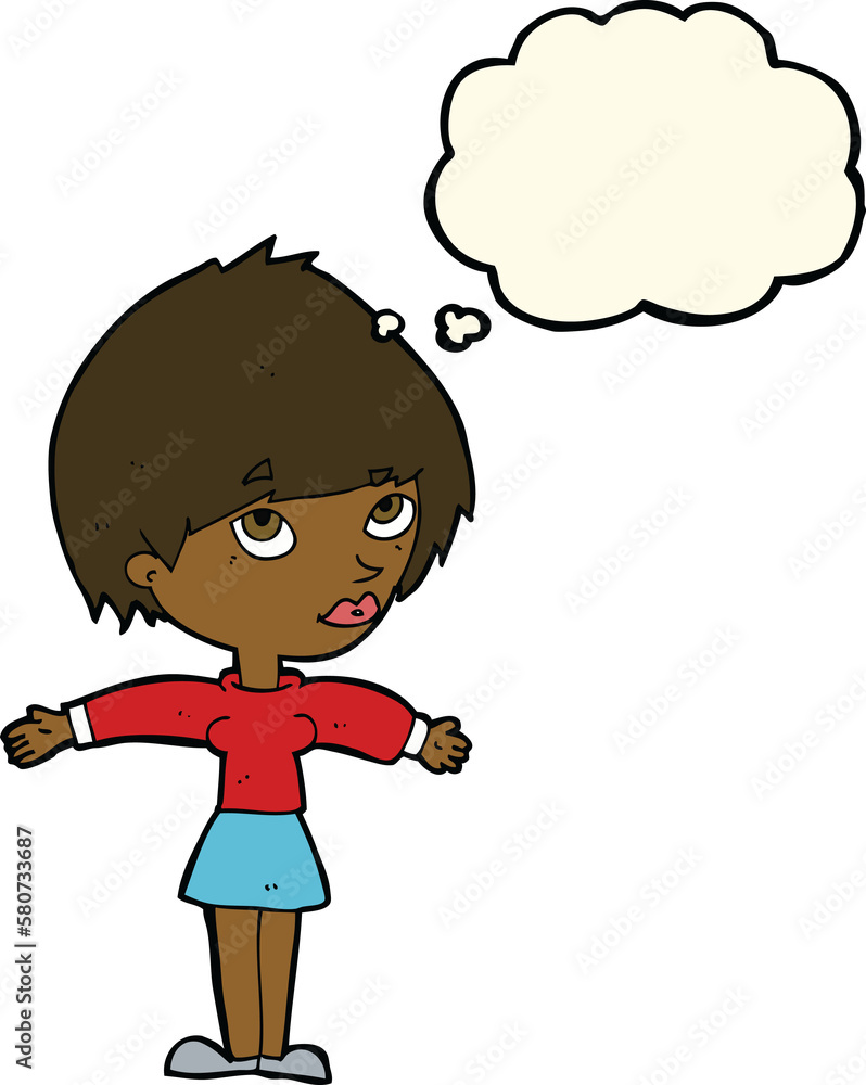 cartoon woman with open arms with thought bubble cartoon woman with open arms with thought bubble
