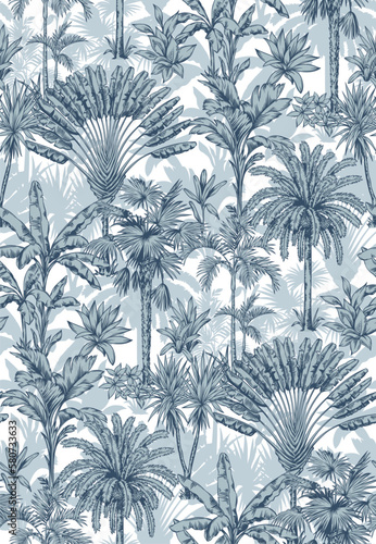 Vintage seamless pattern with tropical palms. Trees in linear style. Vector botanical illustration. Foliage design for wallpaper, textile and wrapping paper.