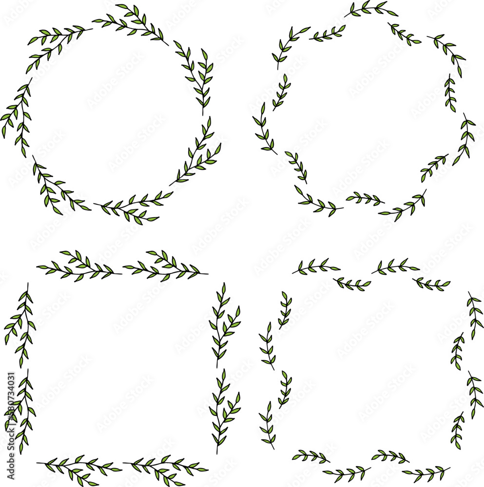 Set of frames with simple green branches on white background. Vector image.