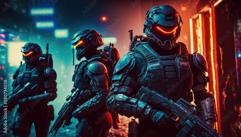 Fototapeta premium Team of elite soldiers standing with guns in hand. Generative AI.